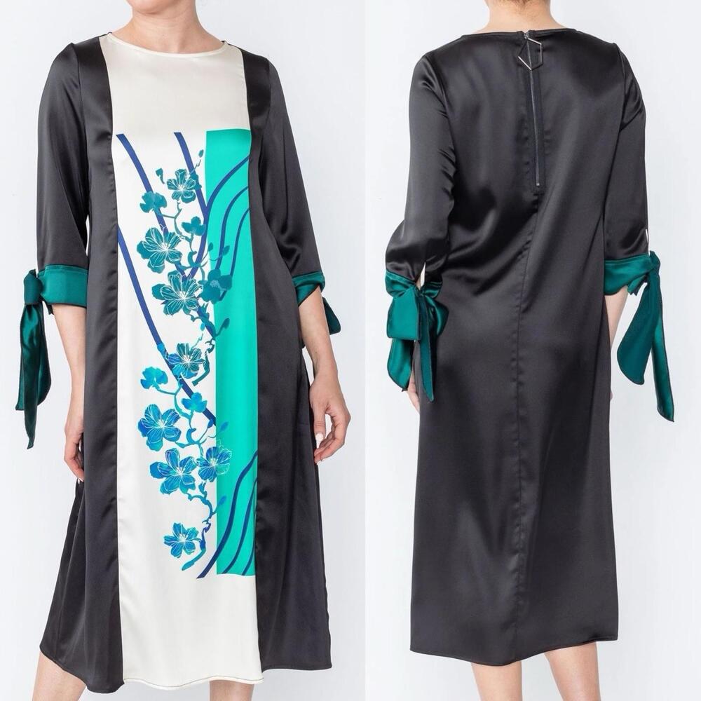 NWT IC Collection Satin Colorblock Floral Dress With  3/4 Sleeve w/Bows - MED